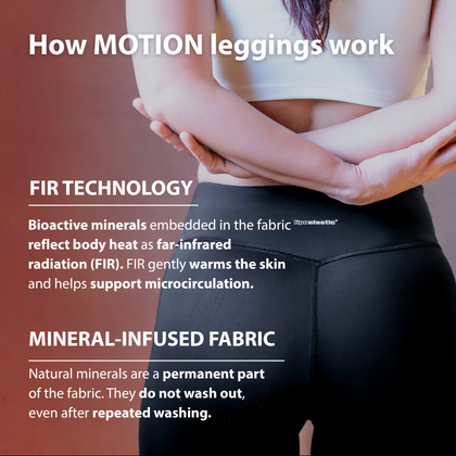 MOTION leggings technology – minerals in the fibres capture body heat and convert it into FIR infrared radiation that supports microcirculation.